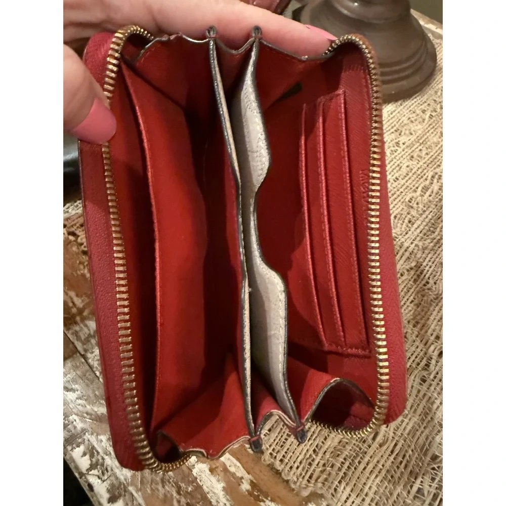 Michael Kors Red Ostrich Leather With Gold Zip Medium‎ Wallet Card Case